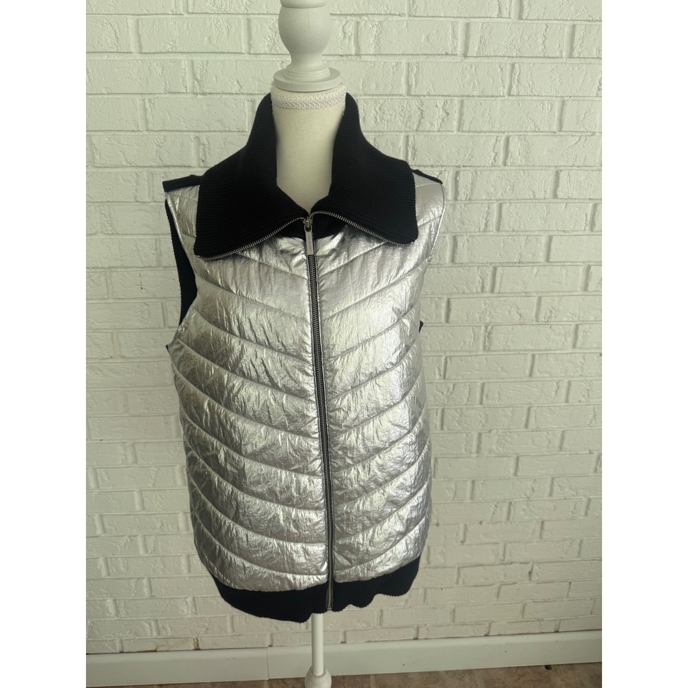 Michael Kors Puffer Vest Womens XXL Silver‎ Excellent Metallic Knit Mixed Media